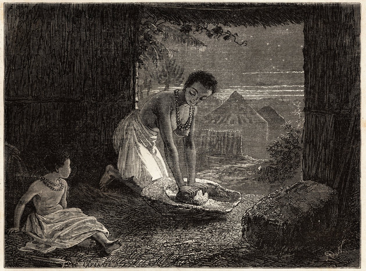 A woman grinding grain in a burner, the mill consists of a stationary block of granite in the shape of a trough and a piece of quartz convex. Engravure to illustrate Dr. Livingstone