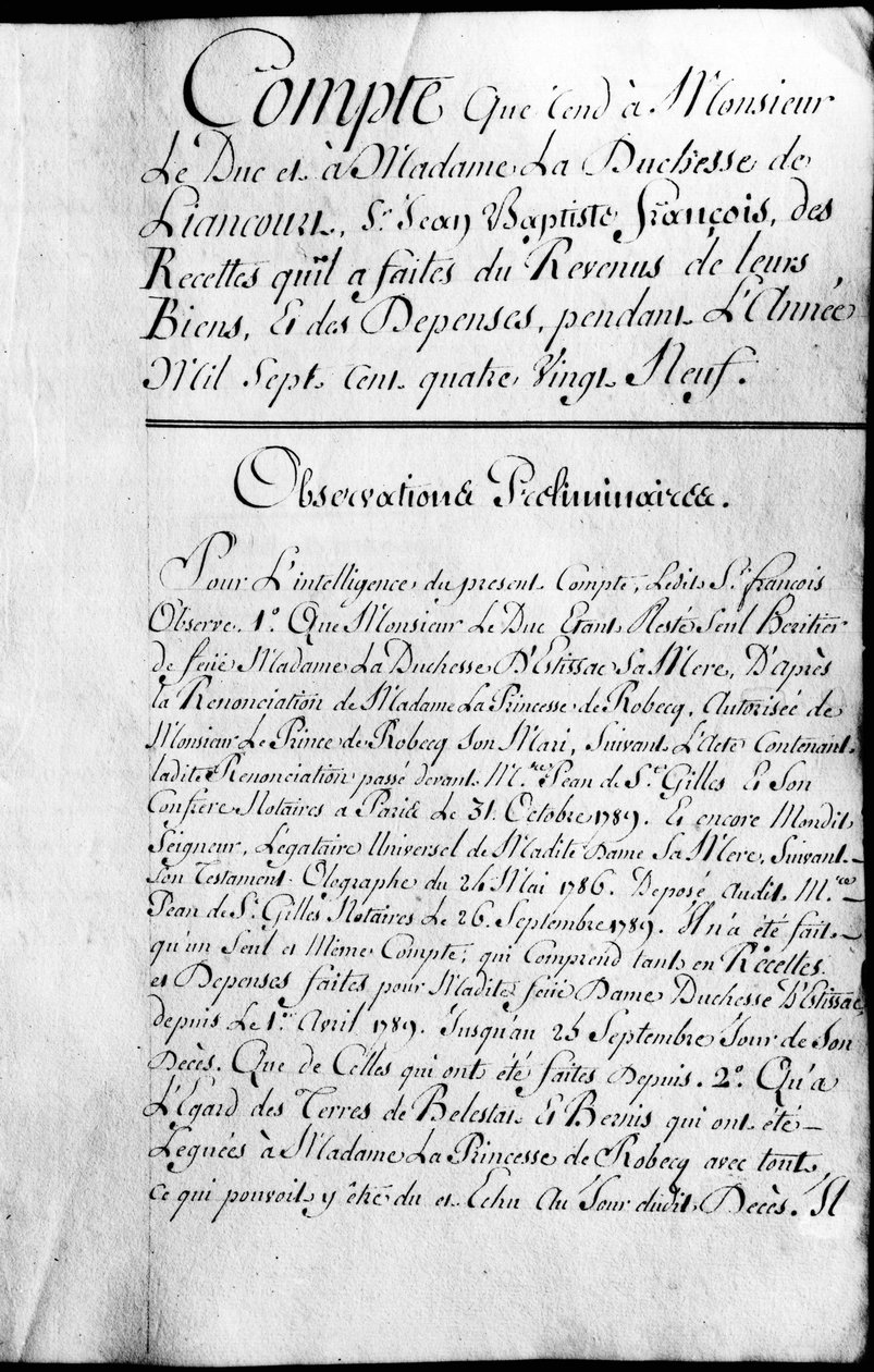 Rochefoucauld Liancourt公爵1789年的财产帐本。 作者 未知艺术家