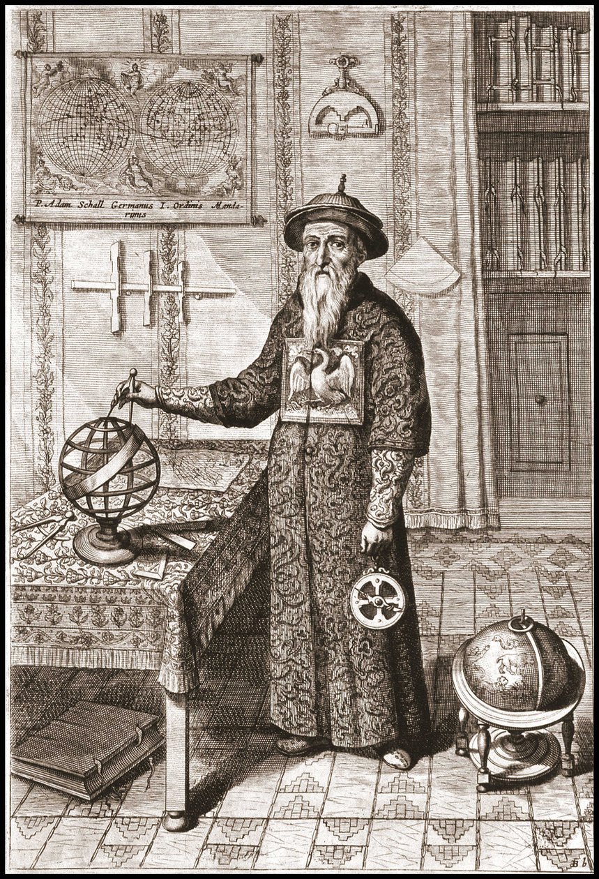 Adam Schall，天文学家（1592-1666）身着华服，手持地球仪和天球仪以及星盘——在“中国”作者 Athanase Kircher（或 Athanasius Kircheri） 作者 未知艺术家
