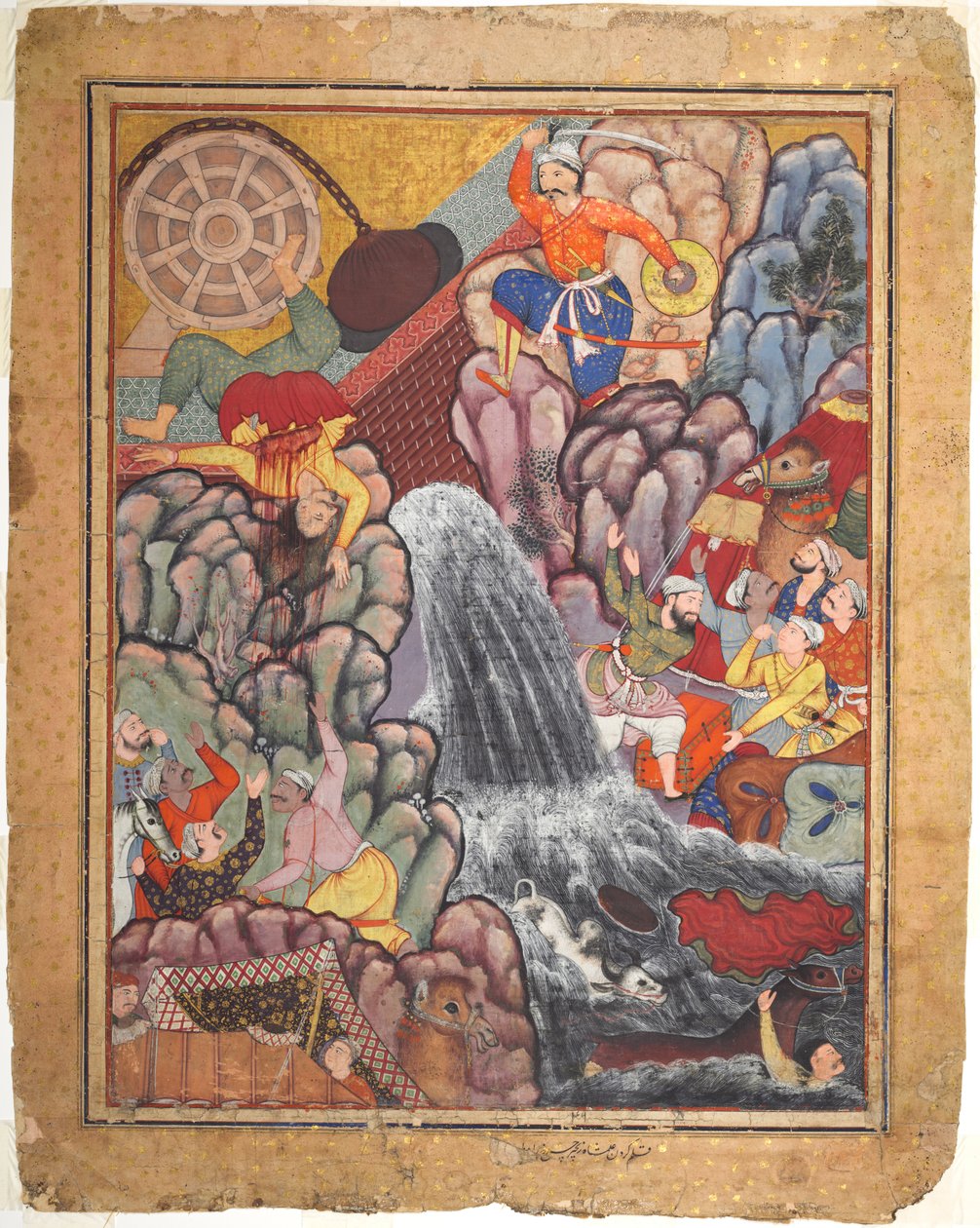 哈姆扎历险记》（Hamza-nama）第 11 卷中的 "阿拉姆沙"（Alamshah），劈开车轮的锁链。 作者 未知艺术家