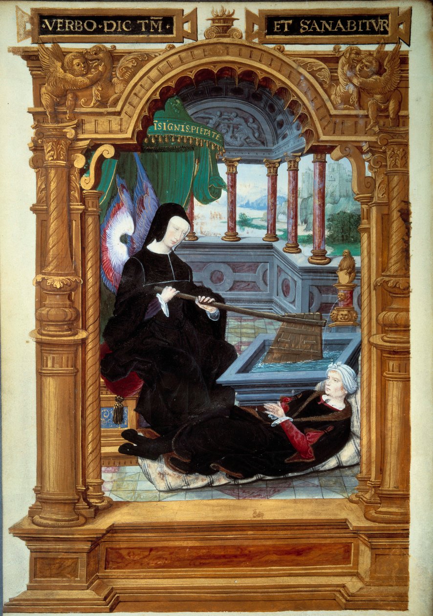 弗朗索瓦一世的母亲路易丝·德·萨瓦 (Louise de Savoie)（1476-1531 年）摄政的寓言代表手持舵和天使翅膀。 手稿的作者正躺在他的脚边。 取自 Etienne Le Bl 的“Geste de Blanche de Castille”的缩影 作者 未知艺术家