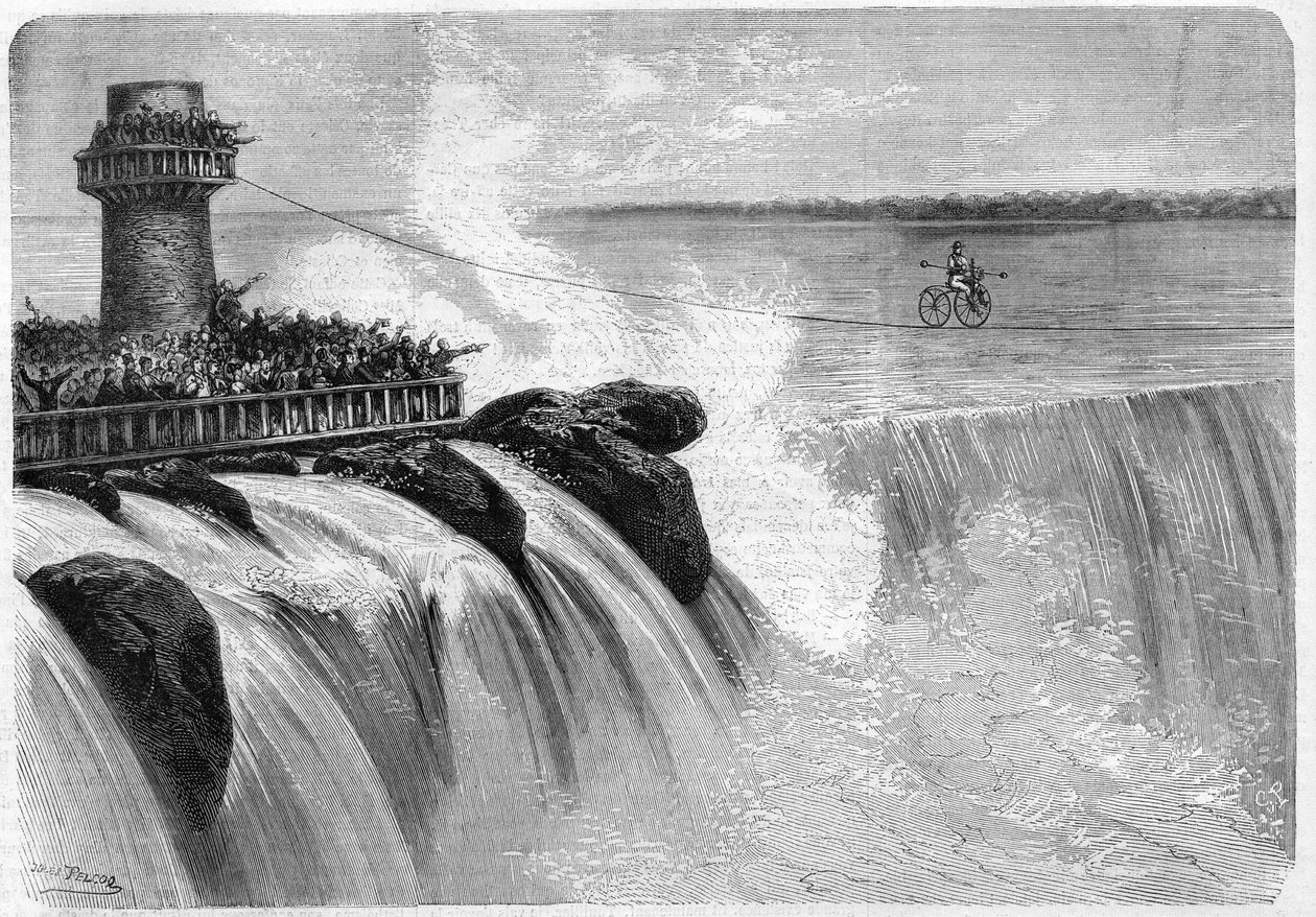 1869年，美国人詹金斯骑着Velocipede穿越尼亚加拉瀑布。 作者 未知艺术家