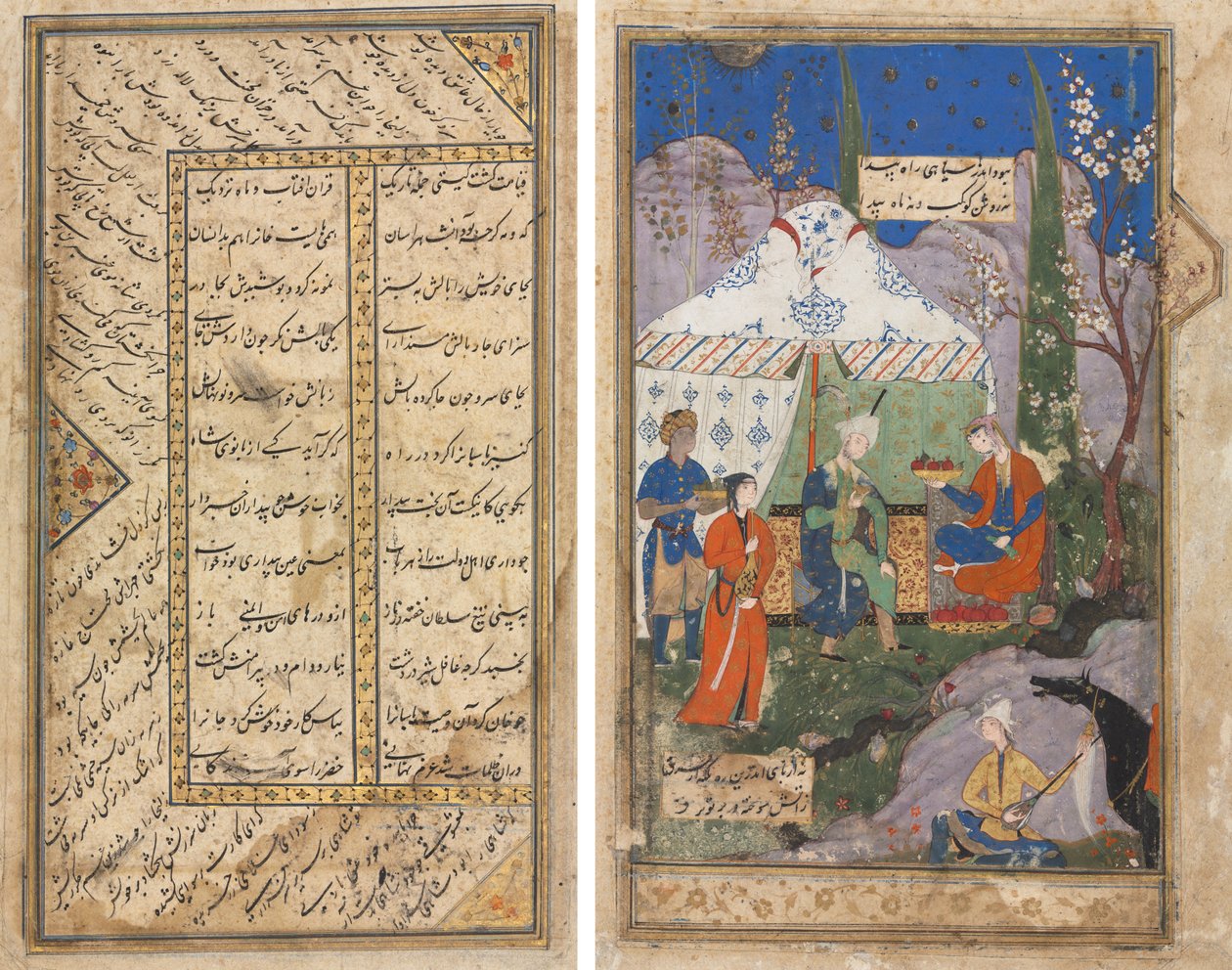 来自尼扎米（1141-1209 年）的 Khamsa（五重奏）的萨珊国王 Khusrau 和他的爱人 Shirin 的故事插曲（背面）；来自贾米（卒于 1492 年）的 Haft Awrang（七王座）的波斯语诗句（右面） 作者 未知艺术家