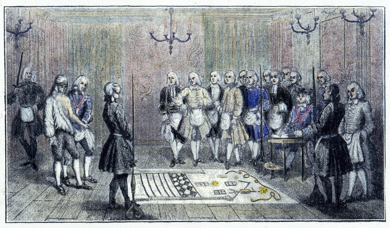 巴黎的一个学徒小屋，大约 1740 年：这个场景描绘了一个“学徒”共济会的接待（地板上的学徒小屋的画） - 根据时间的雕刻。 作者 未知艺术家