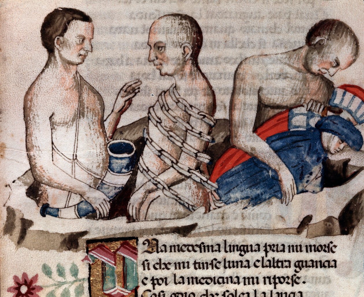Antaeus the giant lowers Dante and Virgil on the frozen ground of the circle of Treachery (song 31 from Hell, in the Divine Comedy) - miniature 15th century 作者 未知艺术家
