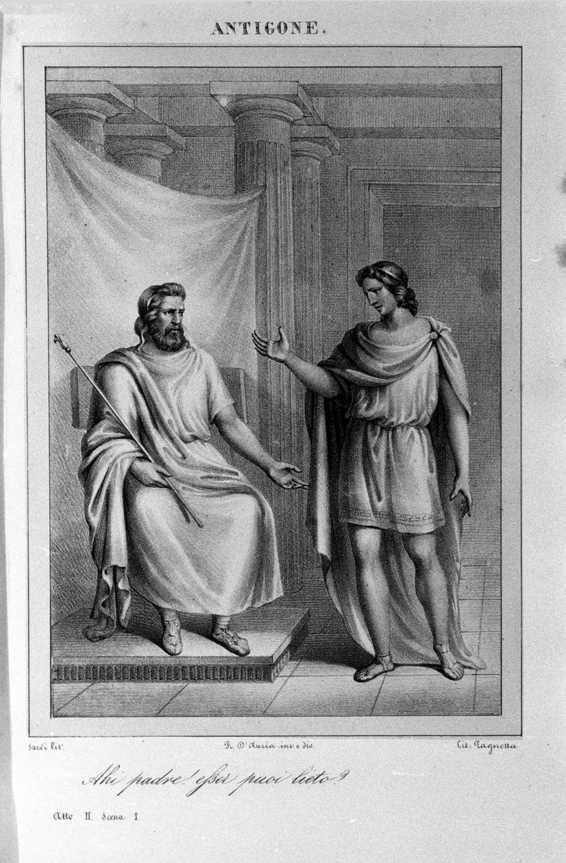 安提戈涅第二幕，场景 1。意大利悲剧，由 Vittorio Alfieri 于 1783 年根据希腊神话写成。 18 世纪的雕刻。 作者 未知艺术家