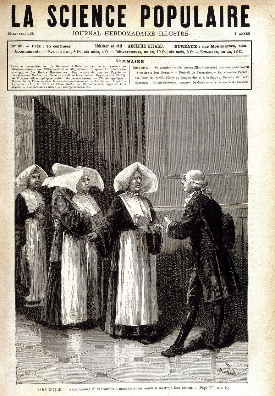 Antoine Augustin Parmentier (1737 - 1813), pharmacist known for spreading potato cultivation in France, speaking to nuns. in “” La science populaire”” 20/01/1881. 作者 未知艺术家