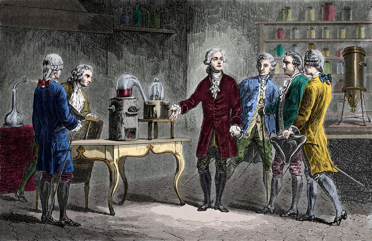 Antoine Laurent Lavoisier (1743-1894) 执行 1776 年空气分解 - Antoine Laurent Lavoisier 英国化学家，向其他科学家展示他在 1776 年揭示空气成分的实验 - 来自 Louis Figuier 的雕刻 作者 未知艺术家