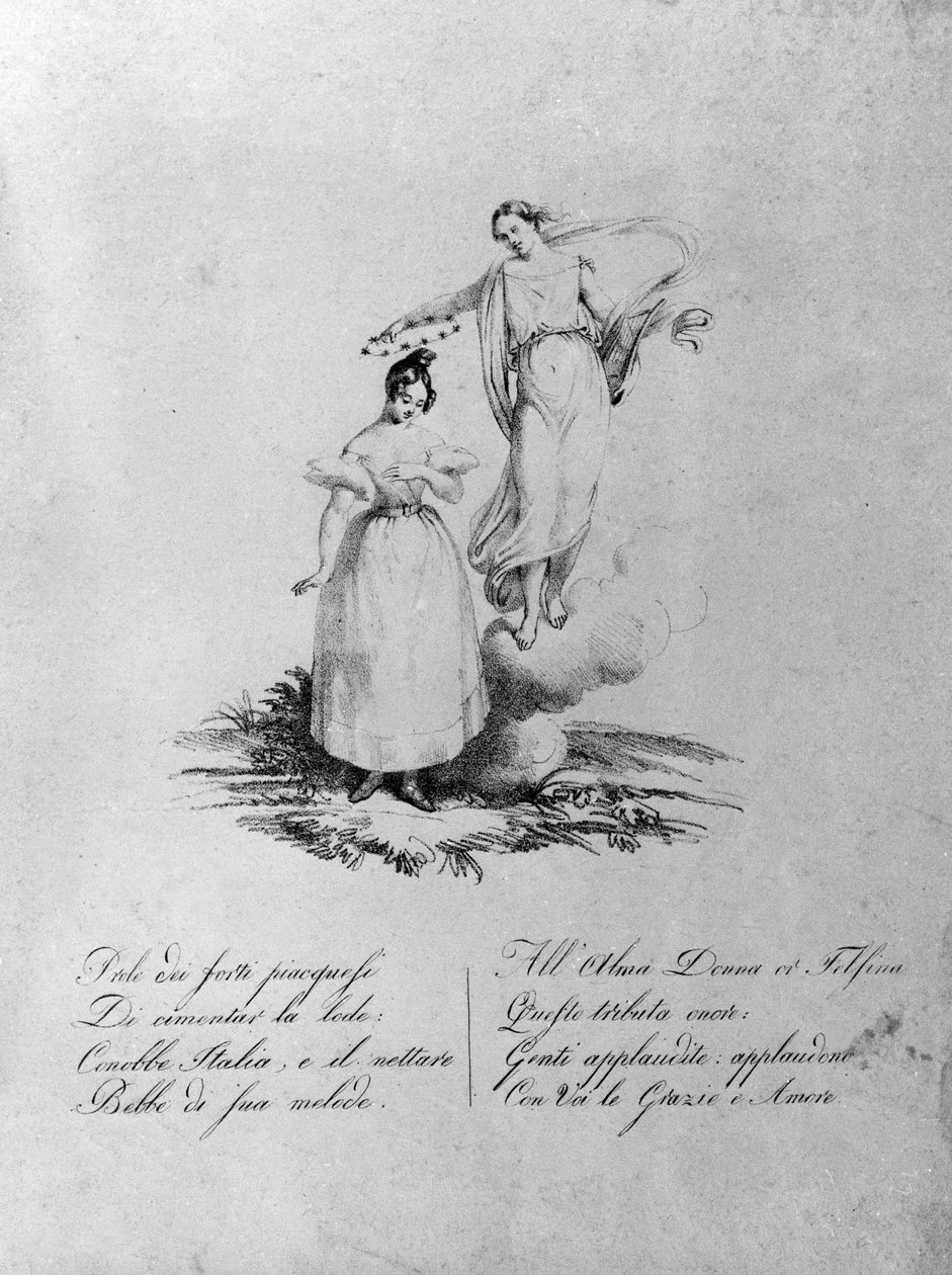 Maria Garcia 的神化被称为 Malibran (1808-1836) 歌手。 19 世纪的雕刻。 . 米兰。 作者 未知艺术家
