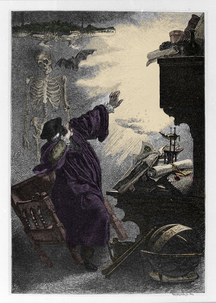 Apparition de Mephistopheles (Mephisto) a Faust 插图 de “” Faust ”” by Johann Wolfgang von Goethe (1749-1832) (Illustration for “”faust ”” by Goethe) 雕刻 作者 未知艺术家