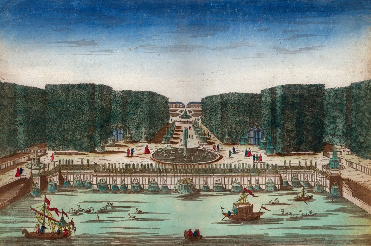 Versalicis花园中的Aquae Lapsus--表现18世纪凡尔赛宫瀑布的光学视图--1760年左右的插图 作者 未知艺术家