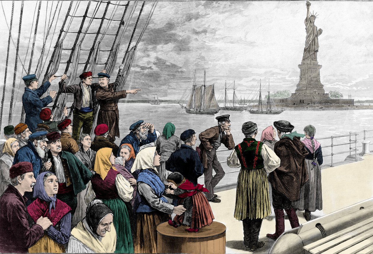 Arriving families of emigrants in the port of New York, the statue of freedom is visible. Engraving from “” Harper