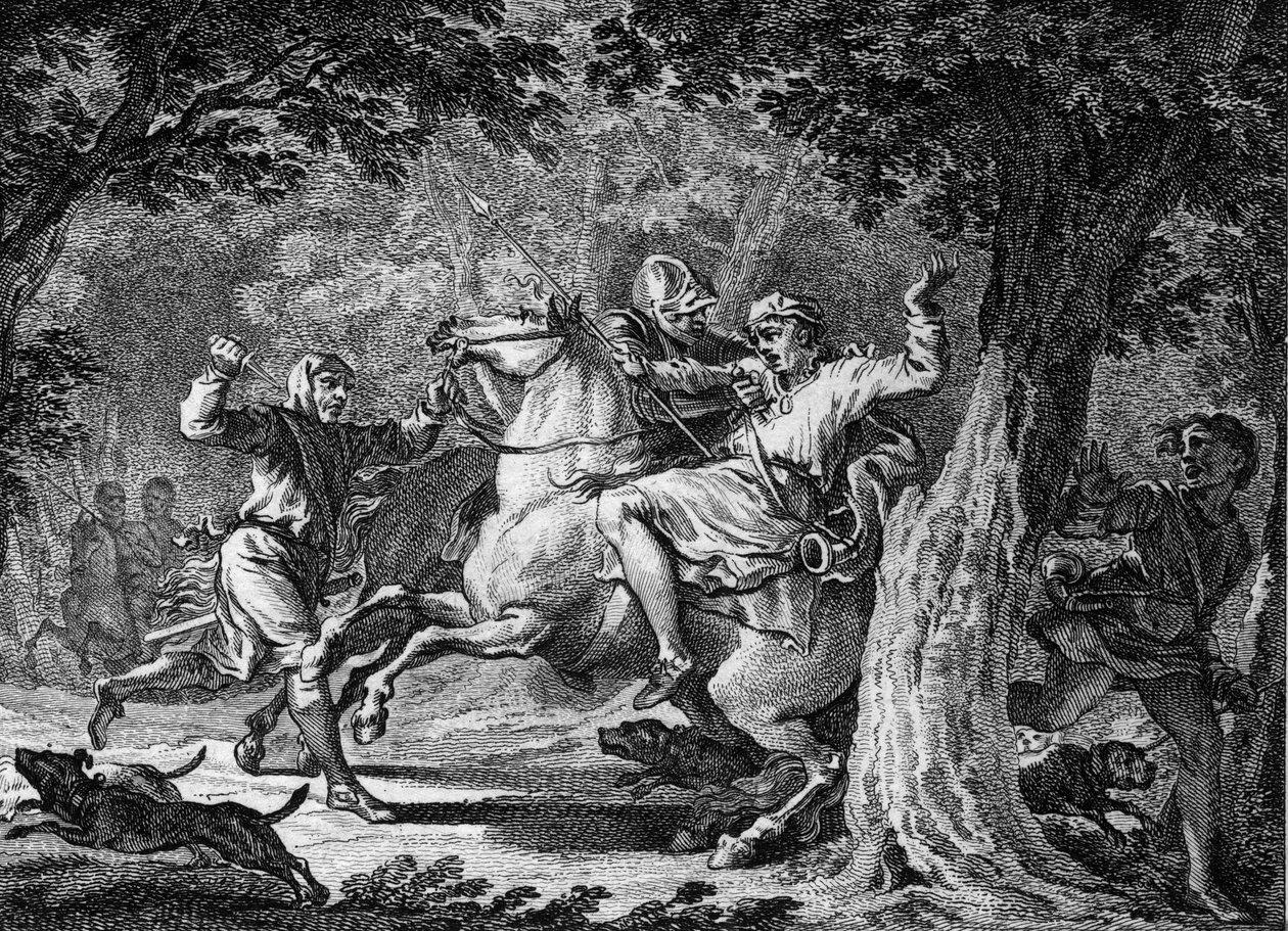 丘德利克二世遇刺，675年：法兰克人的国王（约653-675年）在洛格尼森林被他鞭打过的领主博迪隆杀死。18世纪的雕版画。 作者 未知艺术家