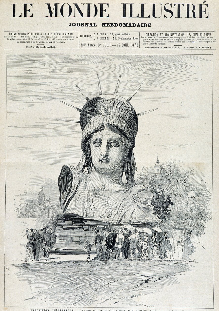 在 1878 年世界博览会上：巴托尔迪先生的自由女神像的头像，运往纽约港 - 在 13/07/1878 的“插图世界”中 作者 未知艺术家