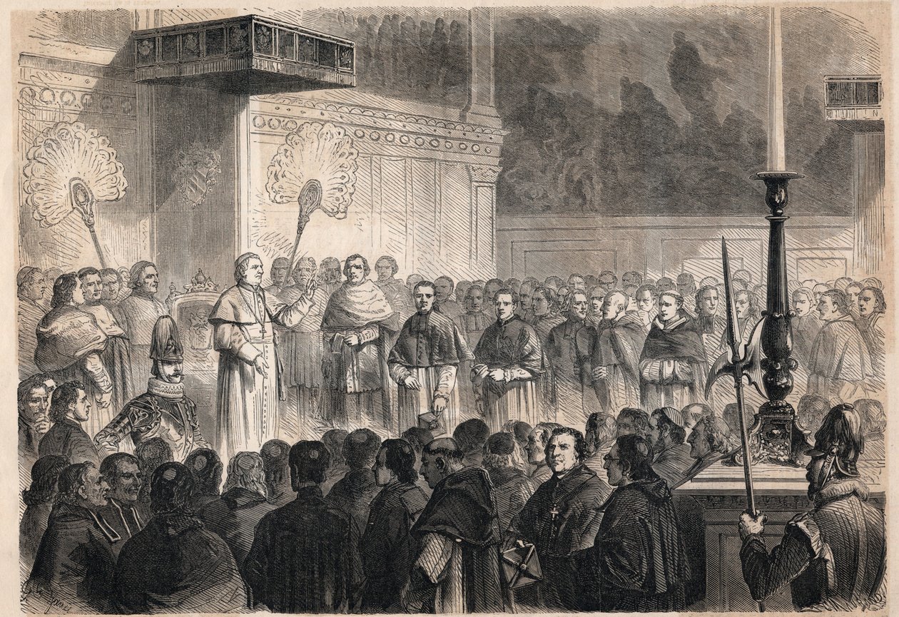教皇庇护九世（Pio）（1792-1878）在罗马西斯廷教堂（cappella sistina）为26名 "日本殉道者"（1597年在日本被钉死在十字架上的一群天主教徒）举行加冕仪式时，对外国教会人士进行的接见。 作者 未知艺术家