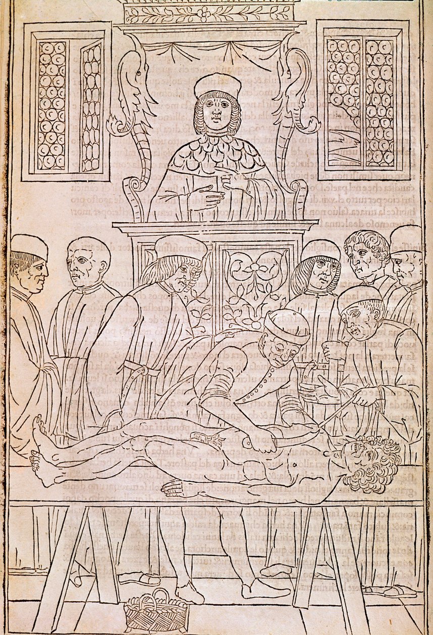 尸检。 代码。 一名死者的尸体被医生解剖以进行解剖学研究。 “”Fascicula Medicinae”。Johannes Kethan 医生分册的手抄本 作者 未知艺术家