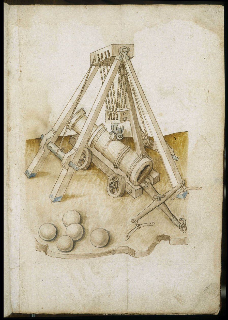 Ball gun and elevator - Manuscript: parchment sheet of an engineer