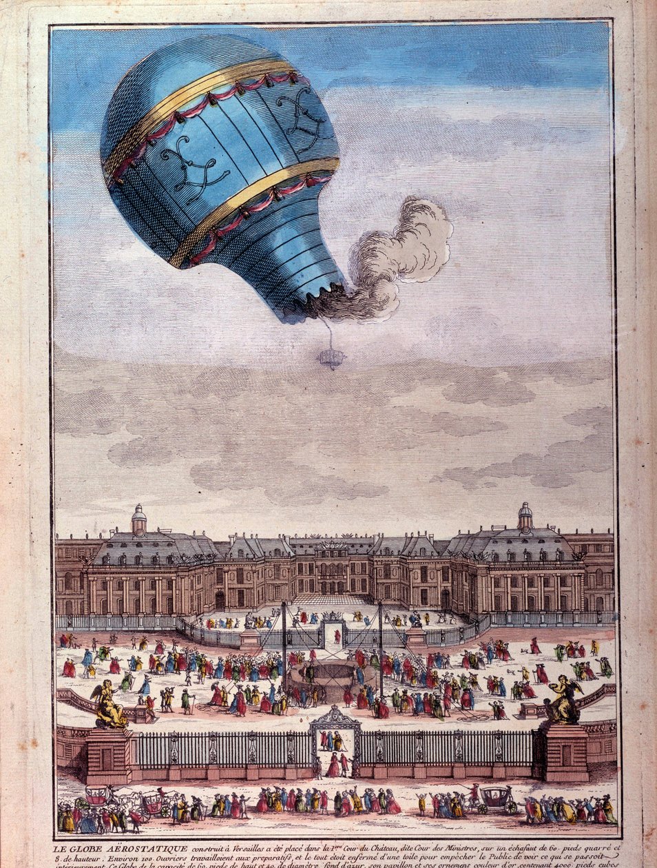 气球飞行：1783 年 9 月在凡尔赛城堡前的 Montgolfier 兄弟的经历。18 世纪的雕刻。 巴黎，B.N. 作者 未知艺术家