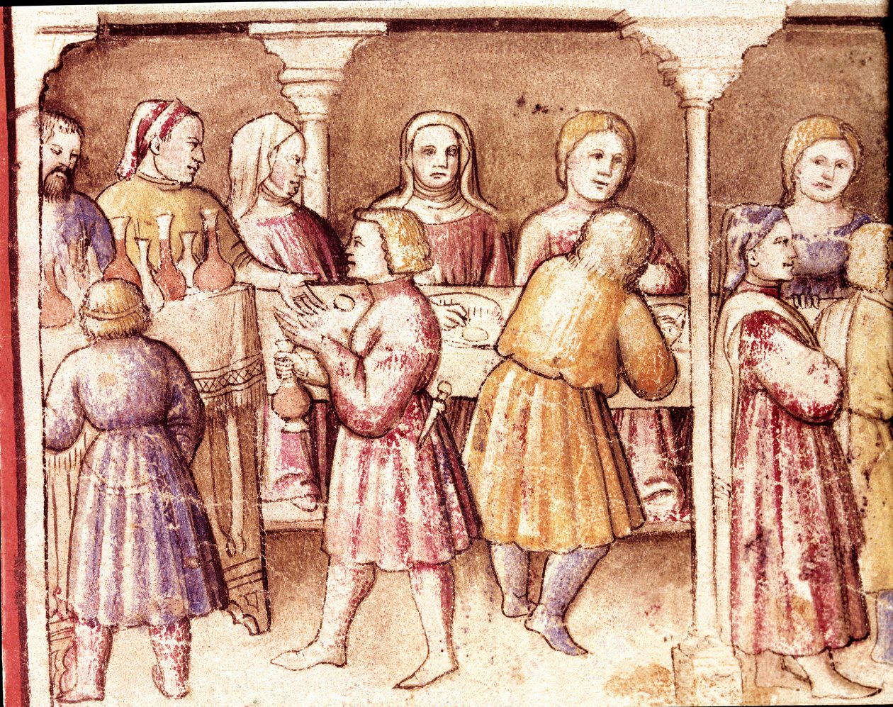 来自法典 212（或帕多瓦诺抄本或帕多瓦圣经）1390-1400 年 Rovigo，Accademia dei Concordi 的帕多瓦微型豪宅中的宴会场景 作者 未知艺术家