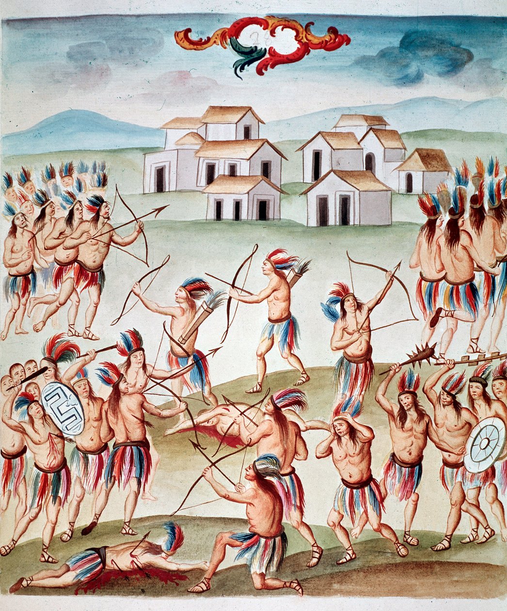 战斗场景，墨西哥阿科尔曼的伏击（Watercolou，约 1770-1780 年） 作者 未知艺术家