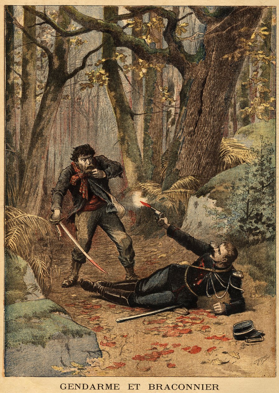 Bezier 附近的偷猎者和警察之间的血腥斗争。 雕刻在“”Le petit journal”” 10/03/1895。 塞尔瓦的收藏。 作者 未知艺术家
