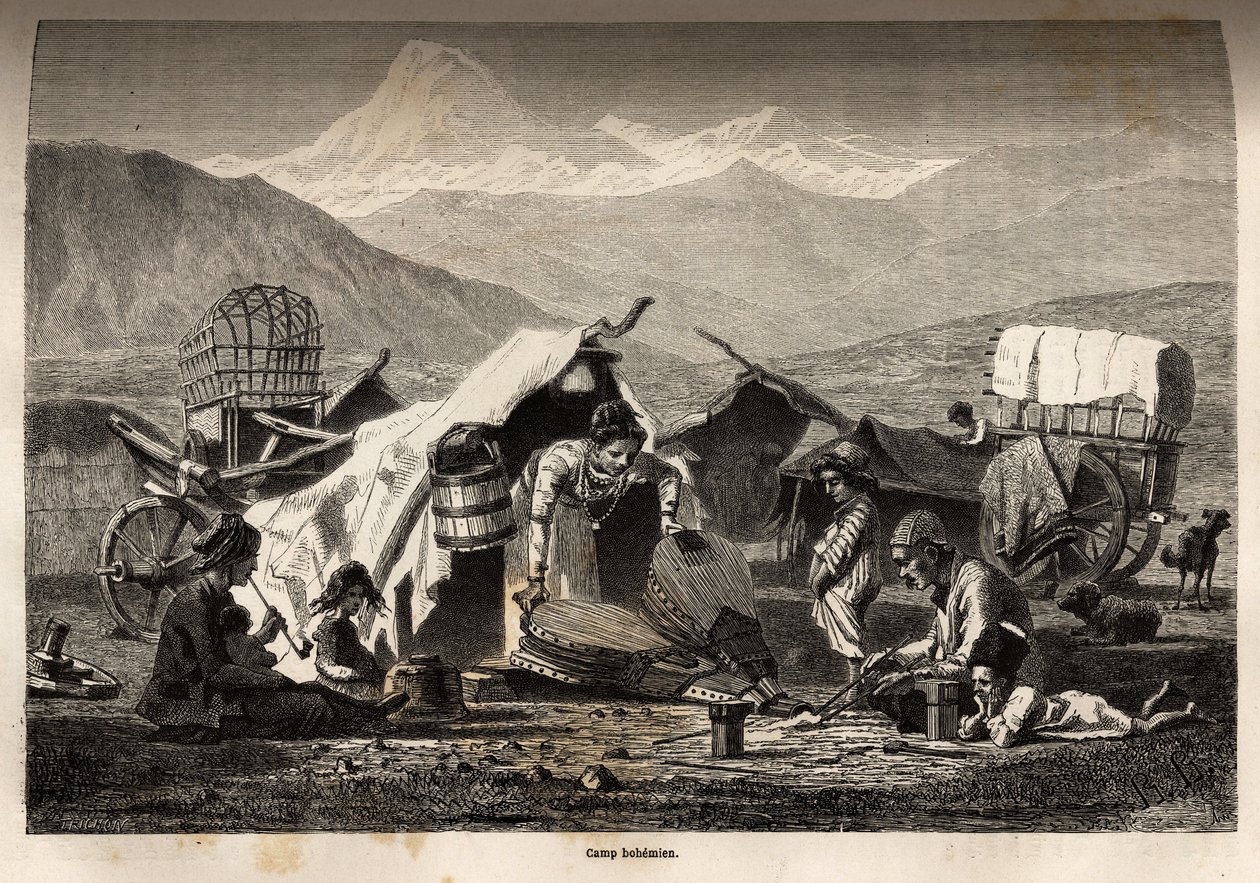 波西米亚营地。 雕刻以说明在高加索各省的航行，由 Basile Vereschaguine 于 1864-1865 年创作，发表于“Le tour du monde, nouveau journal des voyages”，Edouard Charton 编辑 作者 未知艺术家