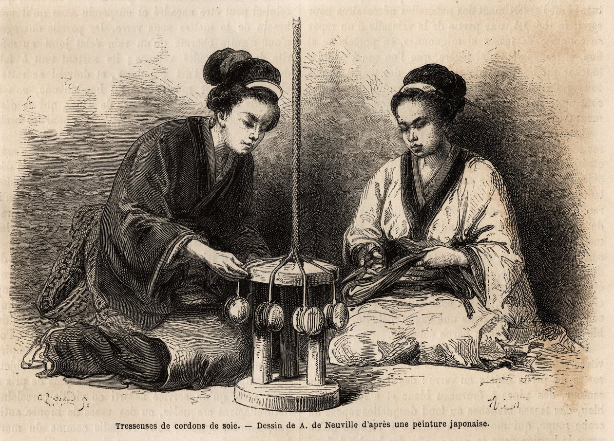Braiders of silk cords, in their workshop in Yedo (or Edo, present-day Tokyo); these braids are very extended since they are used to arrange and maintain military and civilian costumes (the Japanese ignore the button and the clip to tie the clothes). Engra 作者 未知艺术家