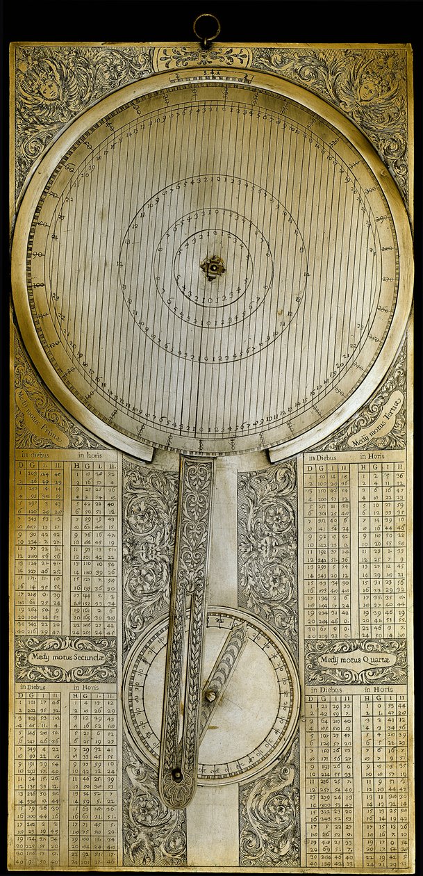 根据天文学家伽利略·伽利莱（Galilee）（1564-1642 年）在 1610 年左右对木星卫星周期的研究，被称为“Jovilabe”（Jovilabium）的铜管乐器预测。1650-1700 年佛罗伦萨，科学博物馆。 作者 未知艺术家