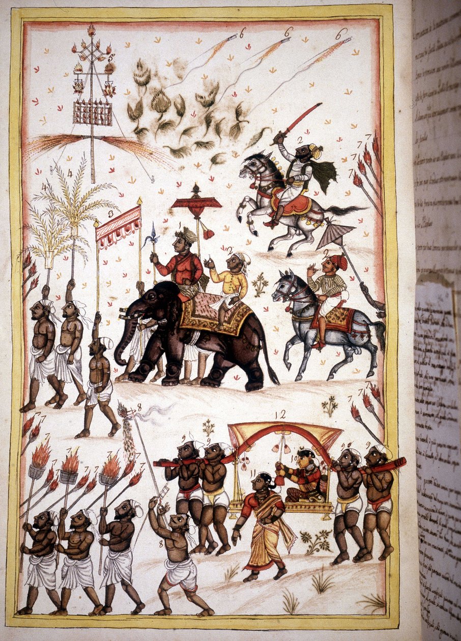 上流社会配偶的新娘游行 - 来自 Stefano Nivibus Cardeira 手稿 (ms.8300) “History of Mogol”（Moghul 或 Moghol）的页面。 18世纪。 Bibloteca marciana，威尼斯 作者 未知艺术家