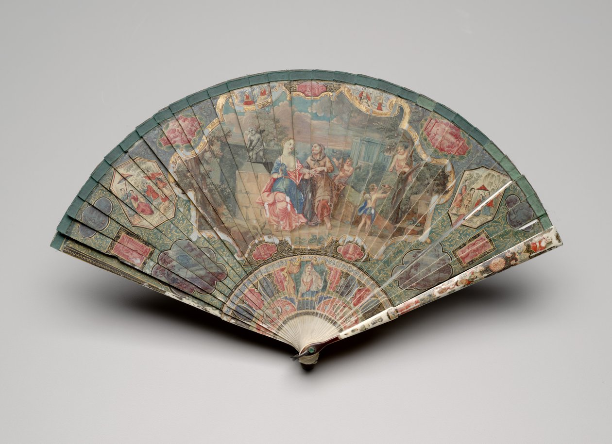 带有算命先生和中国风图案的Brisé风扇，约1700-25年（象牙刀上的水粉，丝带，to，粘贴的宝石和黄铜环） 作者 未知艺术家