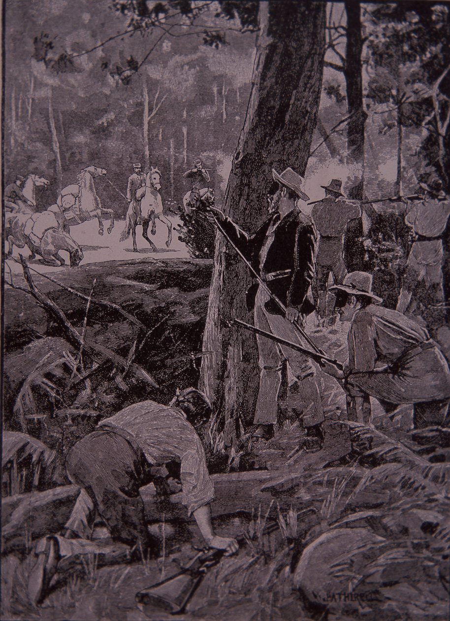 澳大利亚逃犯Bushrangers抢劫黄金护卫队（雕刻）。 作者 未知艺术家