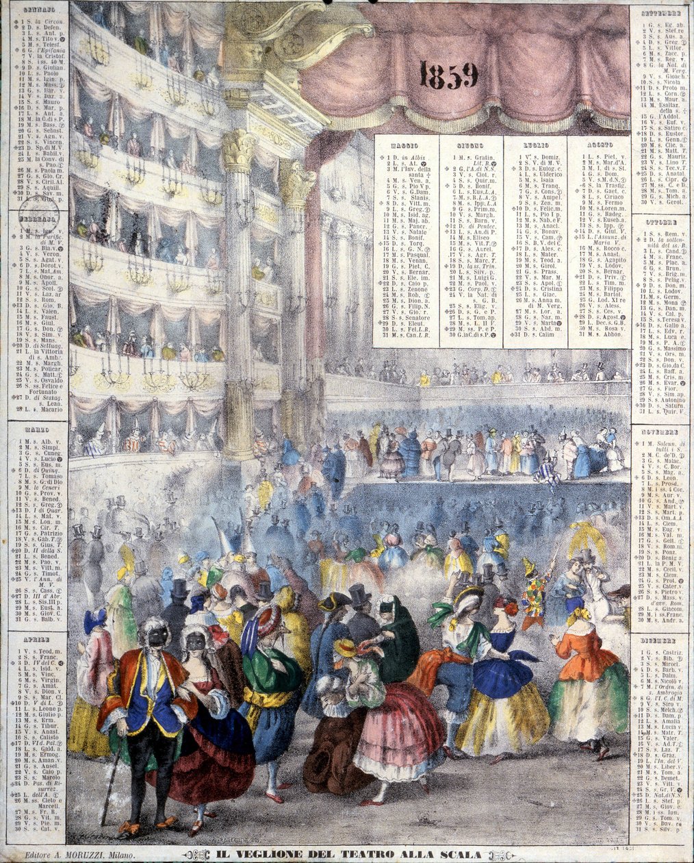 1859 年的日历，代表 1859 年在斯卡拉歌剧院举行的狂欢节之夜。 作者 未知艺术家