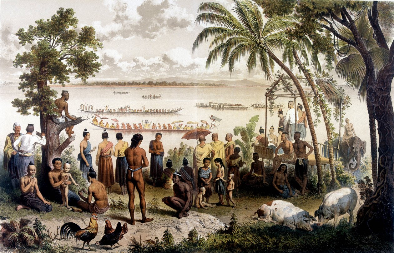 独木舟在老挝巴萨克的竞赛。1866-1868年印度支那探险航行图集》，由F. Garnier编辑。 作者 未知艺术家
