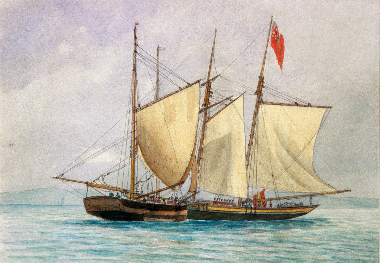 1843 年 10 月 26 日，H-沃尔曼上尉率领第 80 步兵团捕获臭名昭著的海盗船 "汉娜-水星号"（Hanna Mercury Isld）。 作者 未知艺术家