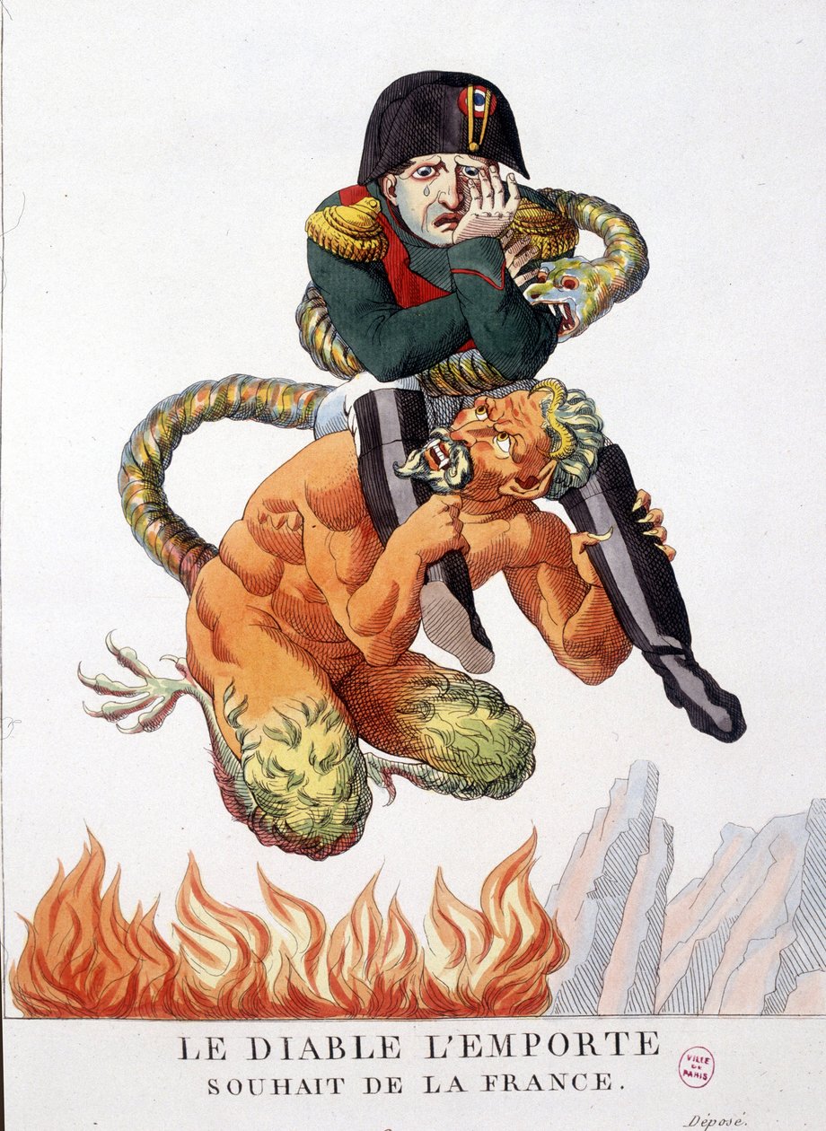 Cartoon about Napoleon Bonaparte carried by the devil: May the devil prevail the wish of France - in “” Napoleon I, caricatures, dummy collection””. 1814 - 1815. B.H.V.P. 作者 未知艺术家