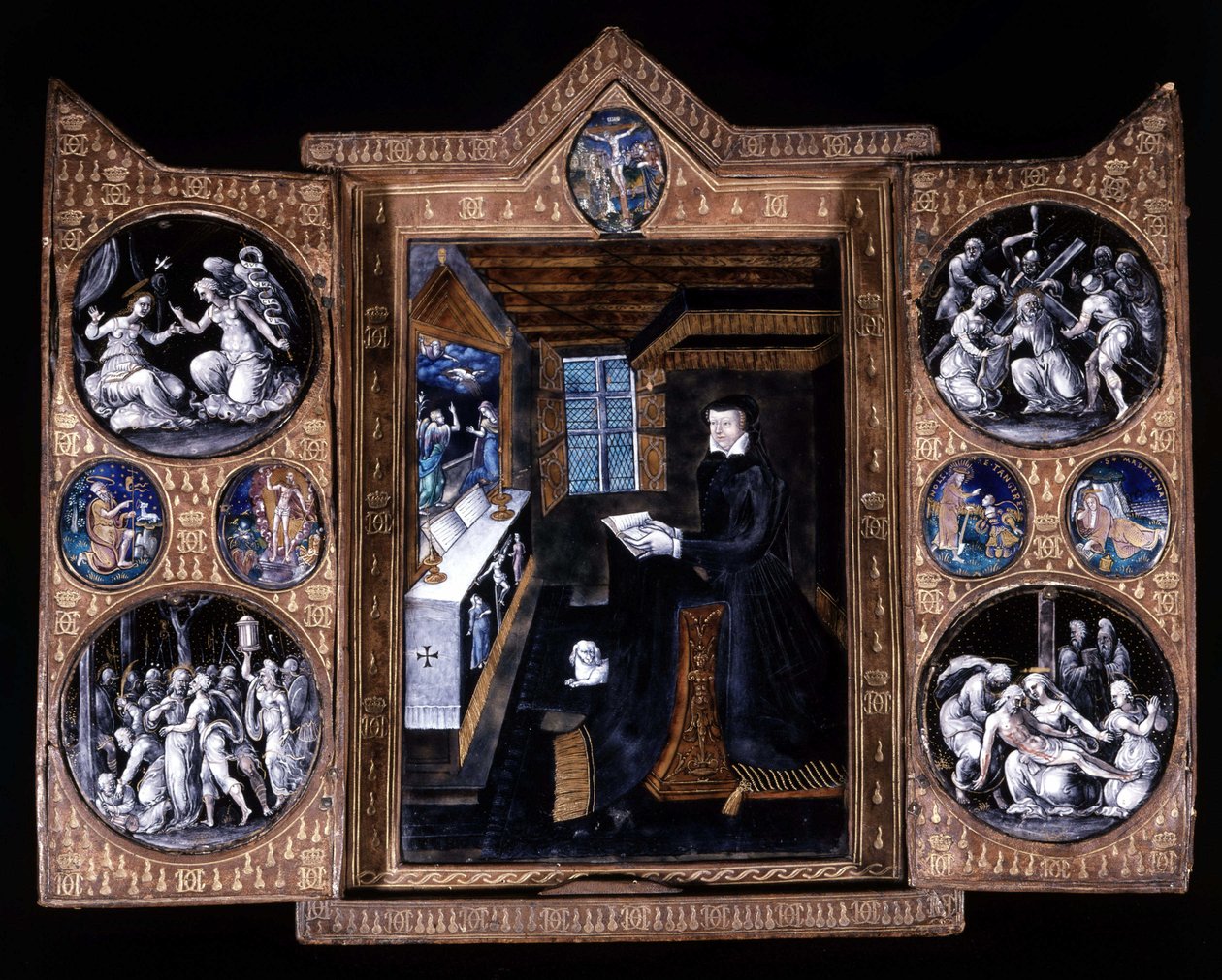 凯瑟琳·德·美第奇 (Caterina de Medicis) (1519-1589) 在祈祷 - 三联画电子邮件和皮革 作者 未知艺术家