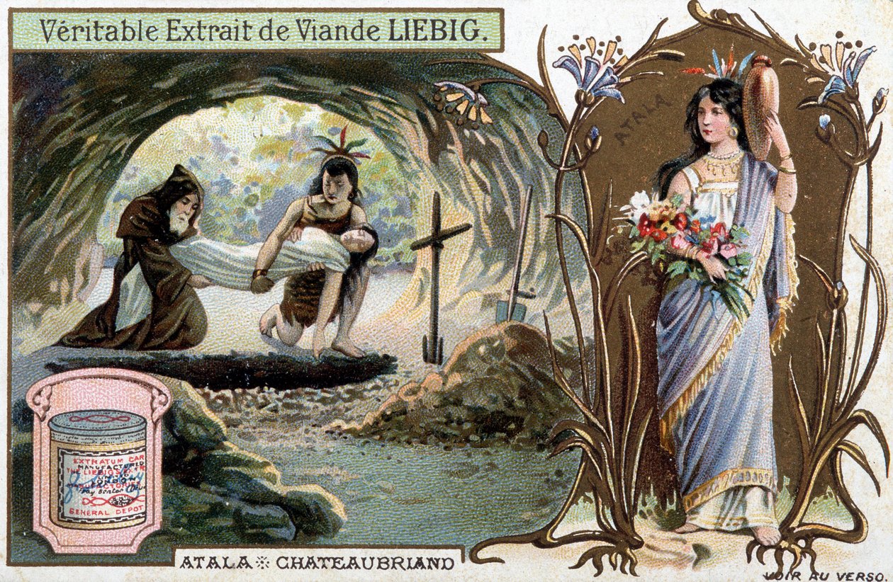 Chactas and father Aubry bury Atala and portrait of the heroine - Scene de Atala or Les Amours de deux sauvages dans le desert, by Francois Rene de Chateaubriand (1768-1848) - Liebig chromolithography 作者 未知艺术家