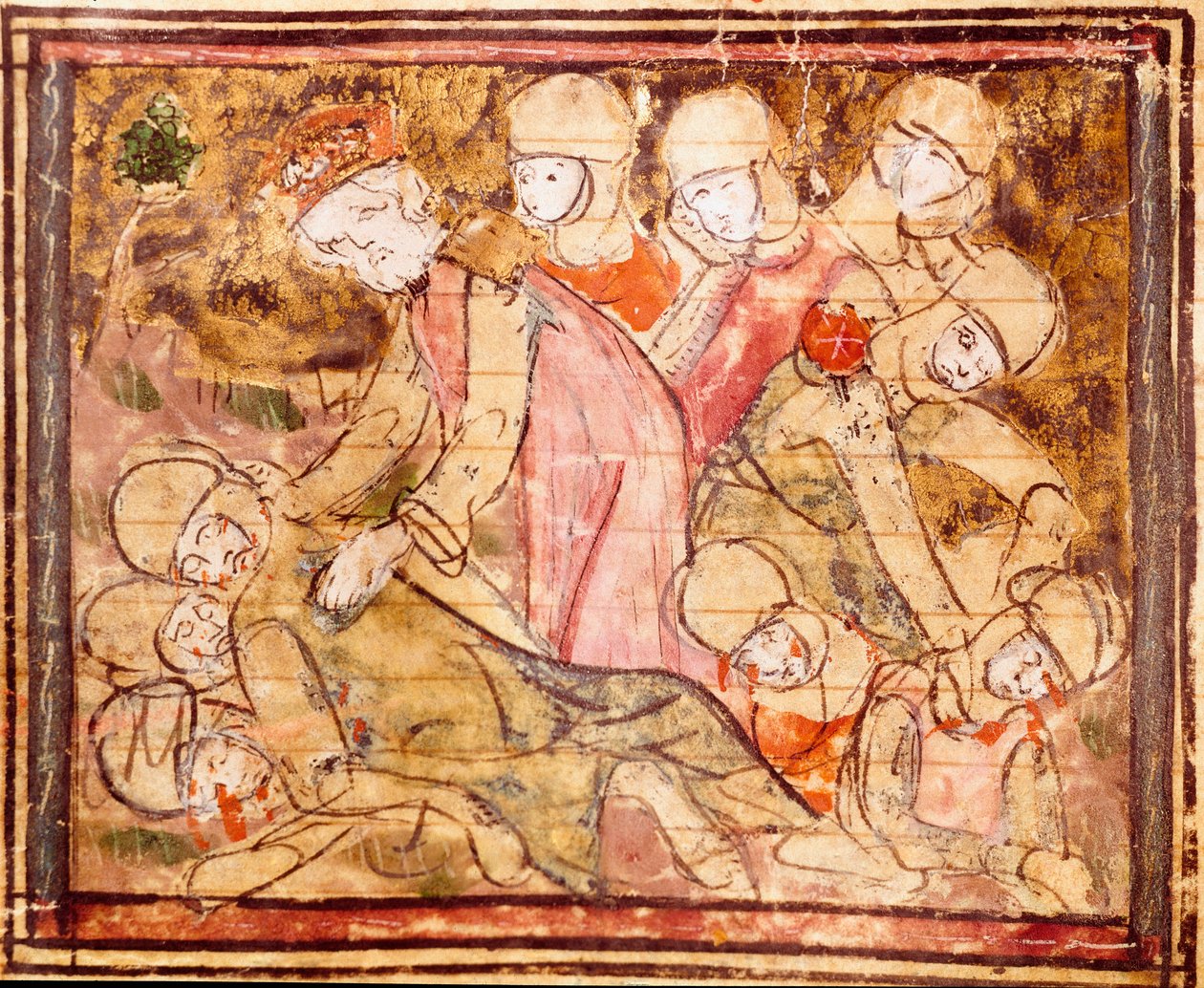 Charlemagne (742-814) finds the body of his nephew Roland who died at the Battle of Roncesvaux Miniature from “” Grandes Chronicles de France”” 1375-1379 Municipal Library, Castres 作者 未知艺术家