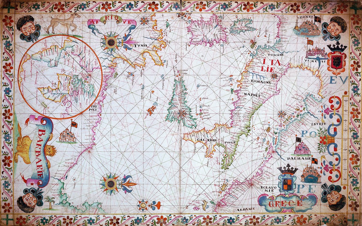 显示意大利和北非海岸的地中海海图 作者 未知艺术家
