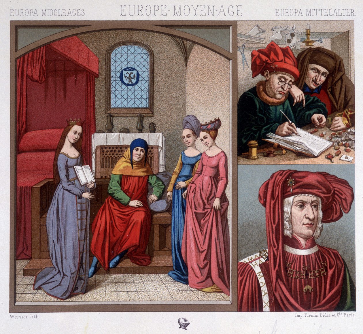 Civilian costumes in the Middle Ages in the 15th century. Top right: currency changers in Antwerp. Lower right: portrait of Maximilian of Austria (1459-1519) after Quentin Metzys. In “The historical costume” by A. Raquet 作者 未知艺术家