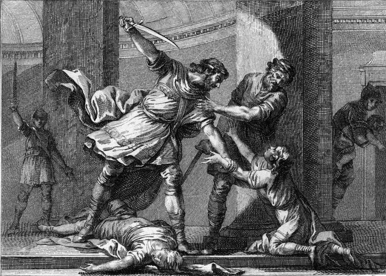 法兰克国王克洛泰尔（Clotaire）一世（v.497-561）和柴尔德贝特一世谋杀了他们兄弟克洛多米尔（495-524）的两个儿子。18世纪的雕版画。 作者 未知艺术家