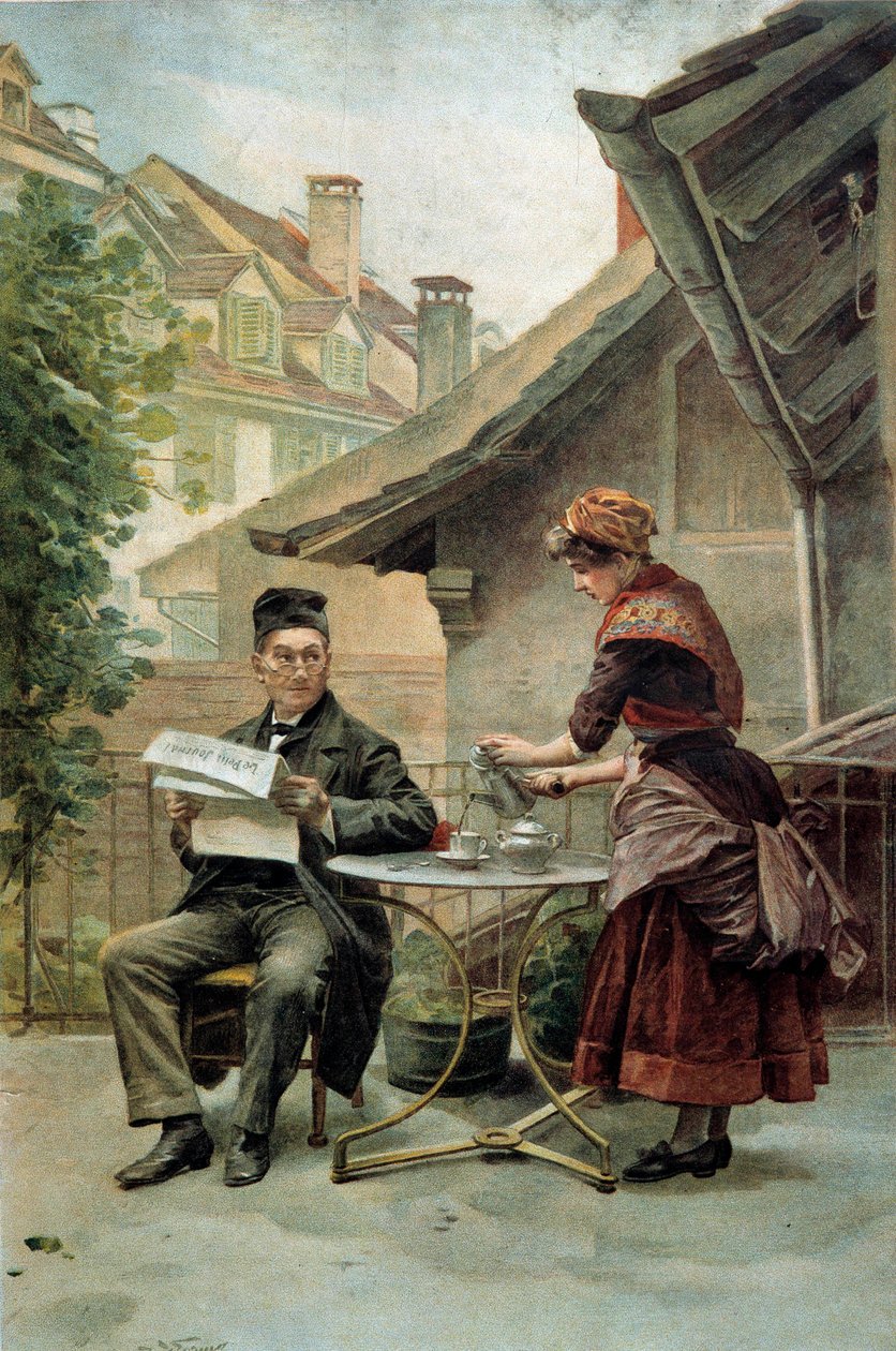 咖啡时间：一位坐在桌旁阅读“小报”的老人由仆人服务。 19 世纪的水彩画。 巴黎，装饰艺术 作者 未知艺术家