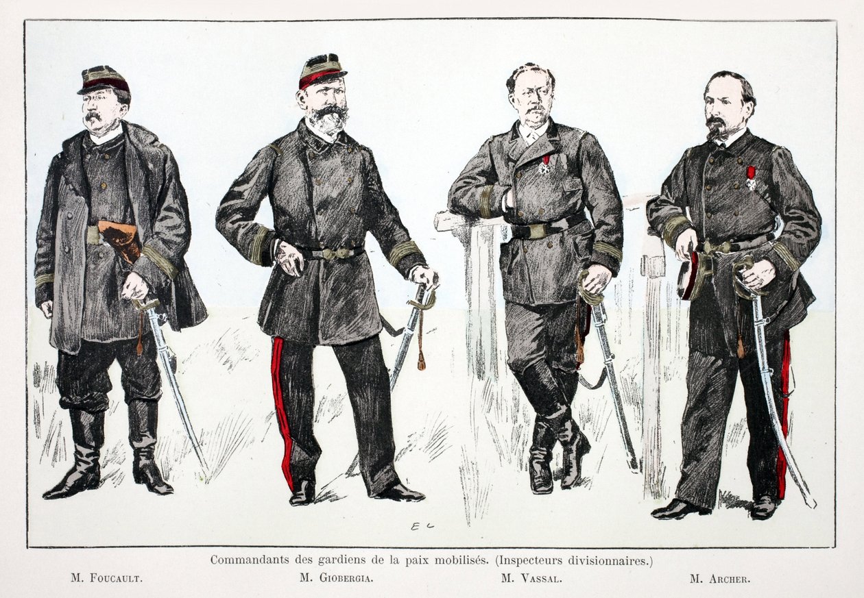 Commanders of the mobilized peacekeepers (divisional inspectors), from left to right: Mr.Foucault, Mr.Giobergia, Mr.Vassal, Mr.Archer. Eau forte en couleurs, pour illustration “” Histoire du corps des gardiens de la paix””” book published under the auspice 作者 未知艺术家
