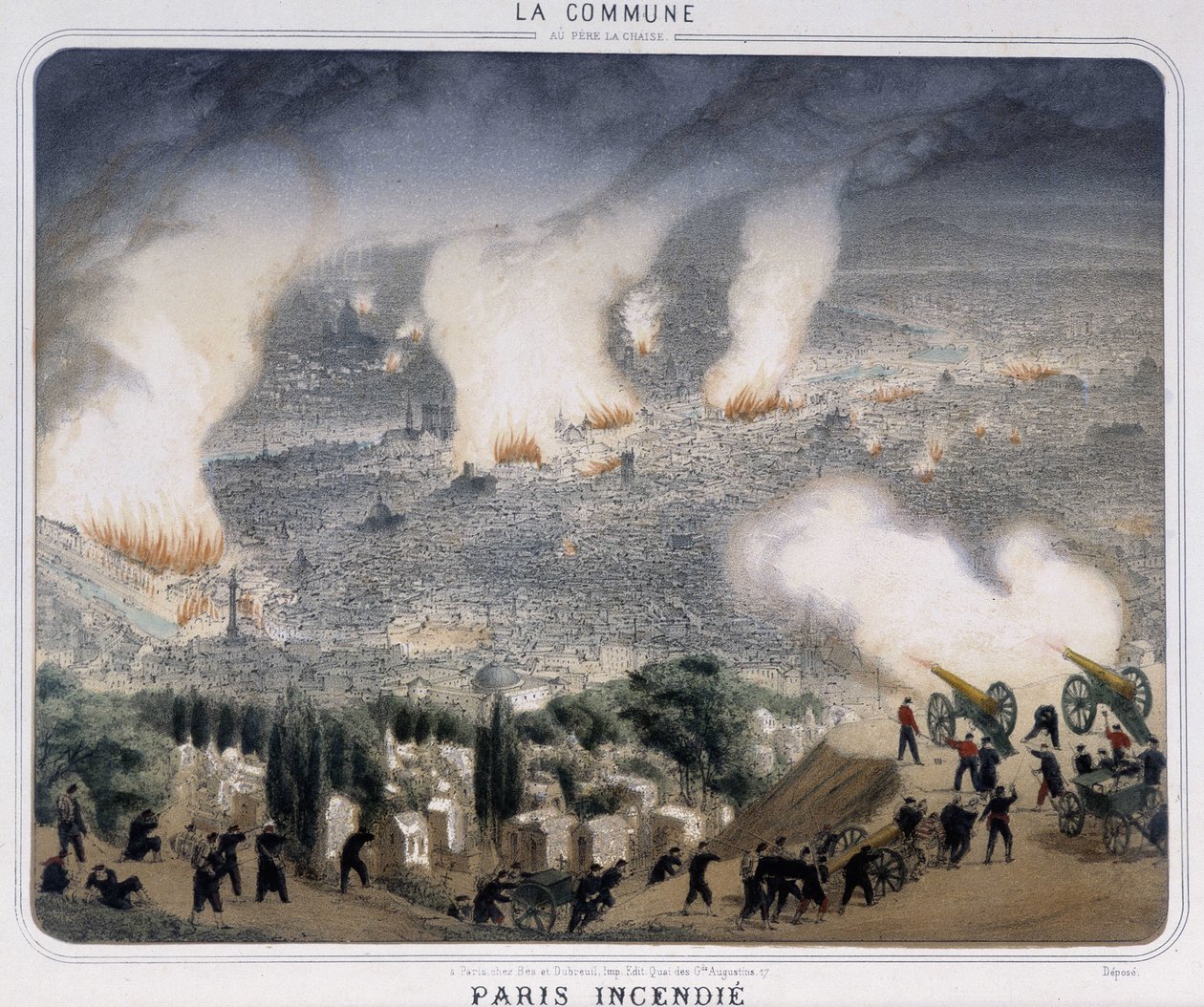 巴黎公社：巴黎大火。 公社向巴黎发射大炮。 1871 年。 作者 未知艺术家