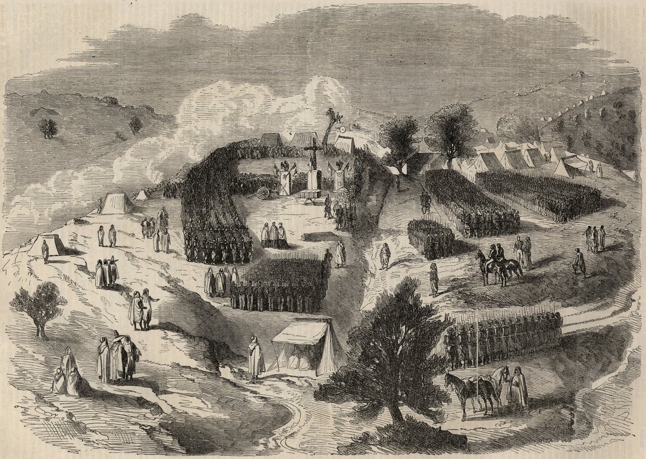 Conquete de Algerie：1857年远征大卡比利亚，在Souk-el-Arba（Souk el Arba）为拿破仑堡垒铺设第一块石头。1857年 "Le Monde illustrious "中的版画。私人收藏。 作者 未知艺术家