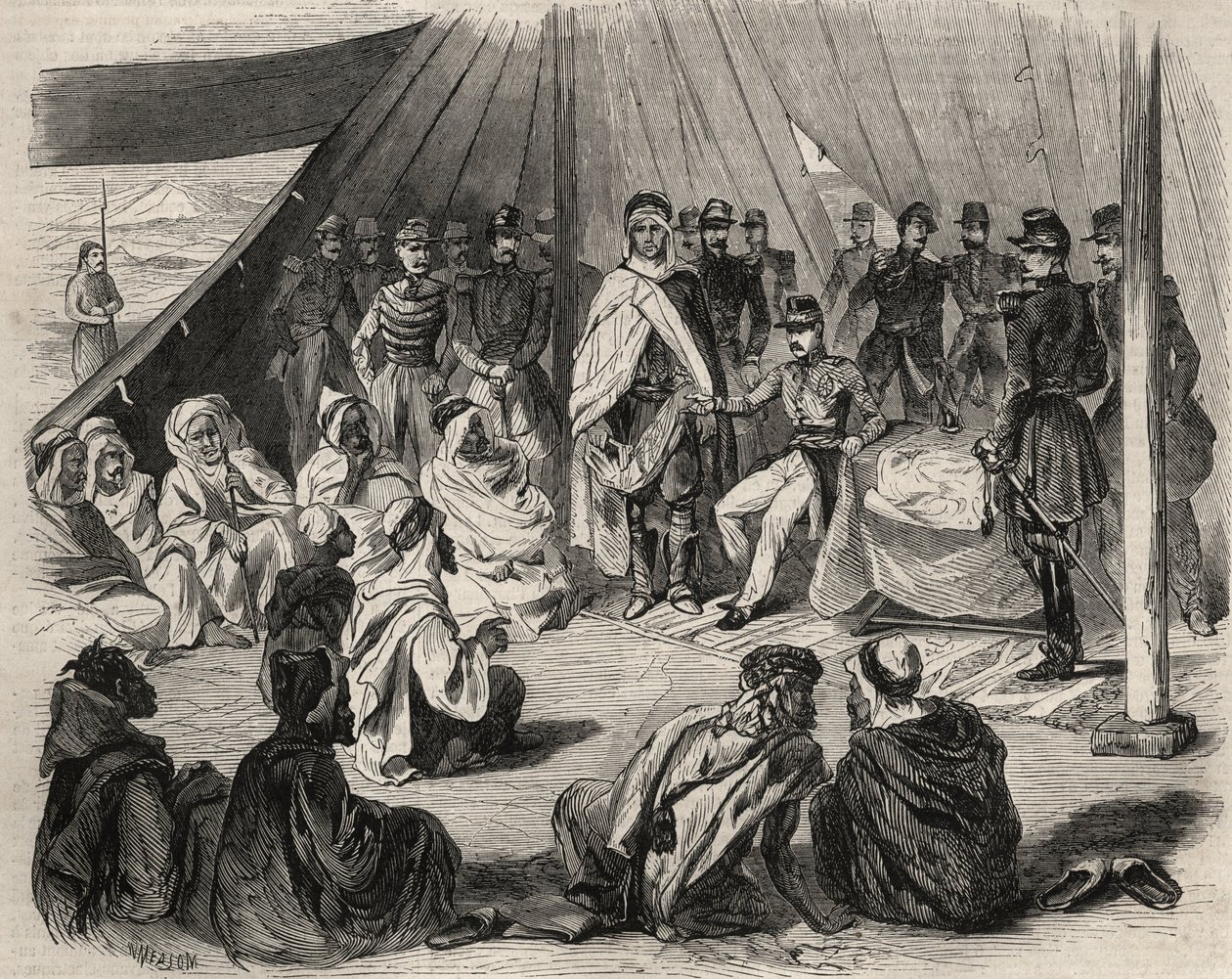 阿尔及利亚之战：1857年远征大卡比利亚。法国军队对贝尼-拉登（Beni Raten）的卡比勒部落的臣服。1857年 "Le Monde illustrious "中的版画。私人收藏。 作者 未知艺术家