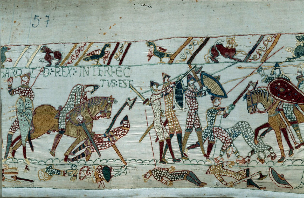 诺曼底公爵征服者威廉 (1027-1087) 于 1066 年征服英格兰：哈罗德二世国王在黑斯廷斯战役中被箭射中死亡 贝叶挂毯细节或玛蒂尔德王后的刺绣 作者 未知艺术家