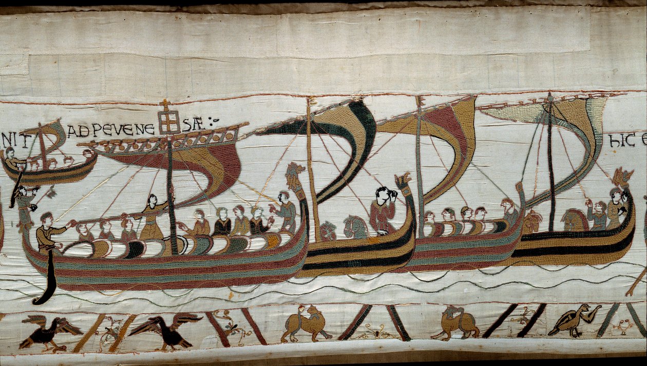 1066 年诺曼公爵威廉征服者 (1027-1087) 征服英格兰：诺曼舰队在佩文西接近英国海岸 贝叶挂毯的细节或玛蒂尔德女王的刺绣 作者 未知艺术家