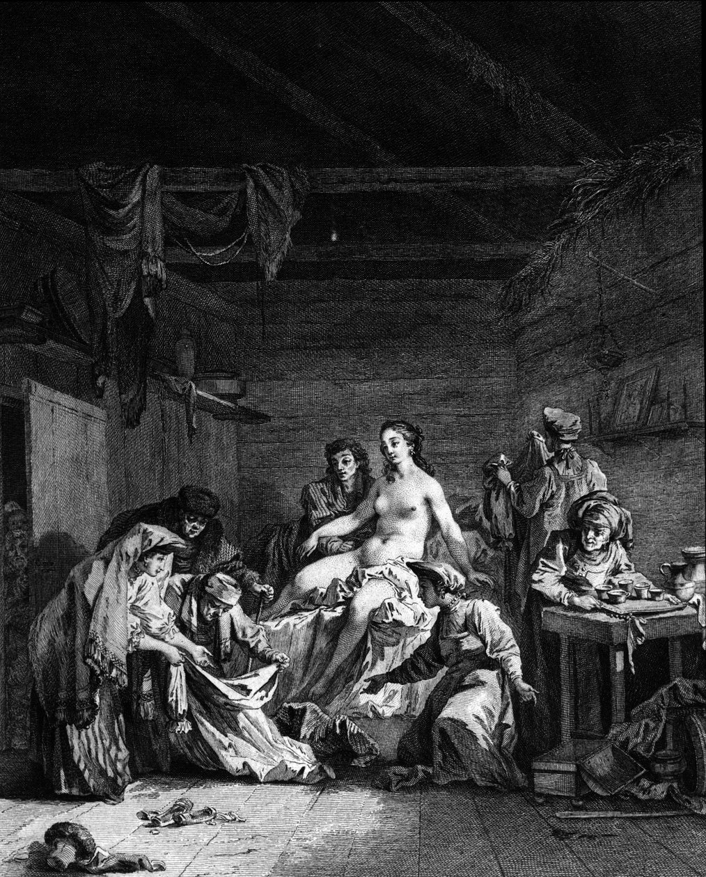 Control of depucking (deflowering) after the marriage of a virgin in Russia. Engraving of the 18th century 作者 未知艺术家