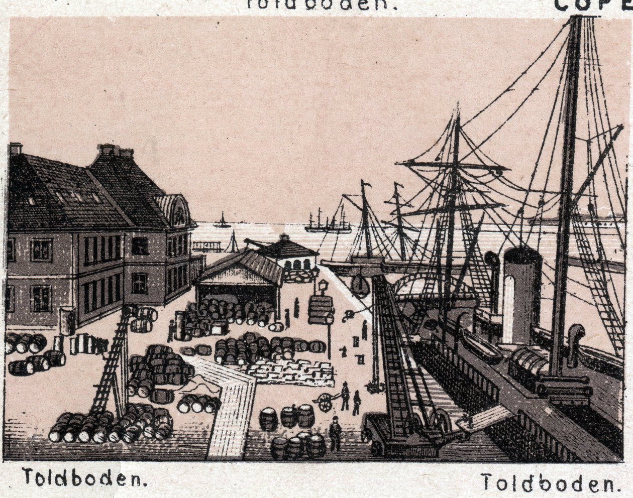 丹麦哥本哈根（Copenhagen）：Toldboden（港口，港湾）的景色。载于《世界图解168景》无日期（19世纪末）。 作者 未知艺术家